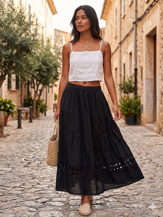 Dresses & Skirts - Black Tiered Maxi Skirt with Eyelet Details